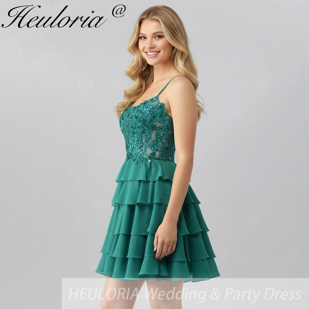 HEULORIA Dark Green Lace Tiered Homecoming Dress - Sequined Bodice with Spaghetti Straps ED-298