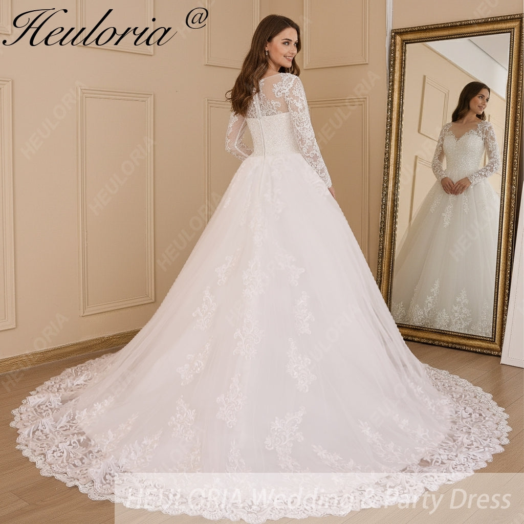 HEULORIA Princess Wedding Dress long sleeve lace beading robe de mariee Wedding Bridal Gown ball gown wedding dress plus size BA-617