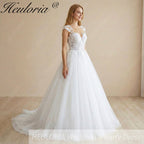 HEULORIA A line Wedding Dress V Neck Sleeveless Boho Lace Appliques Tulle Long Bridal Gowns  Customized AL-1000