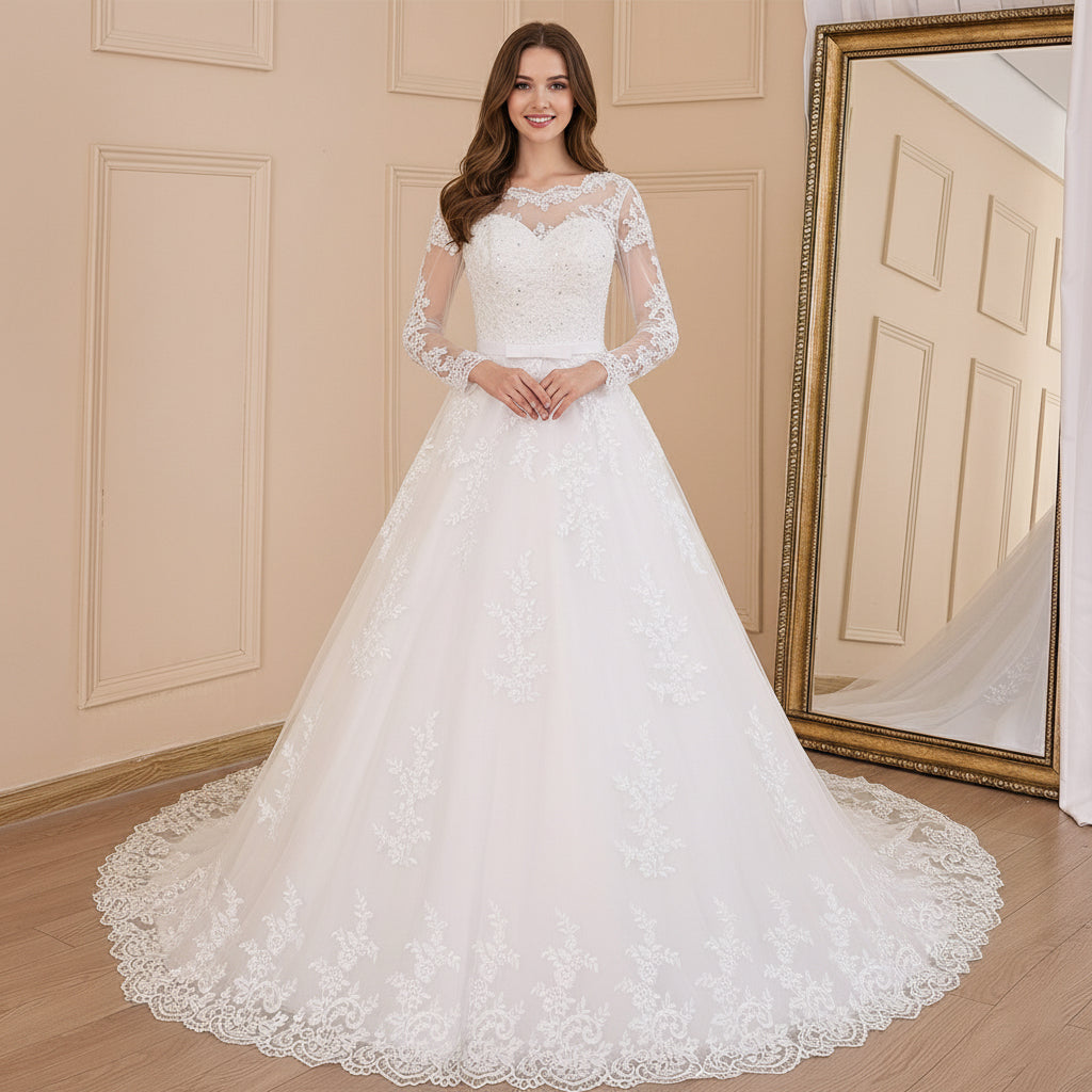 Long Sleeve Lace Wedding Dress | Illusion Neckline & Sequin Bridal Gown Ivory / 2 / 100cm Long Sleeve Lace Wedding Dress | Illusion Neckline & Sequin Bridal Gown Ivory / 2 / 100cm