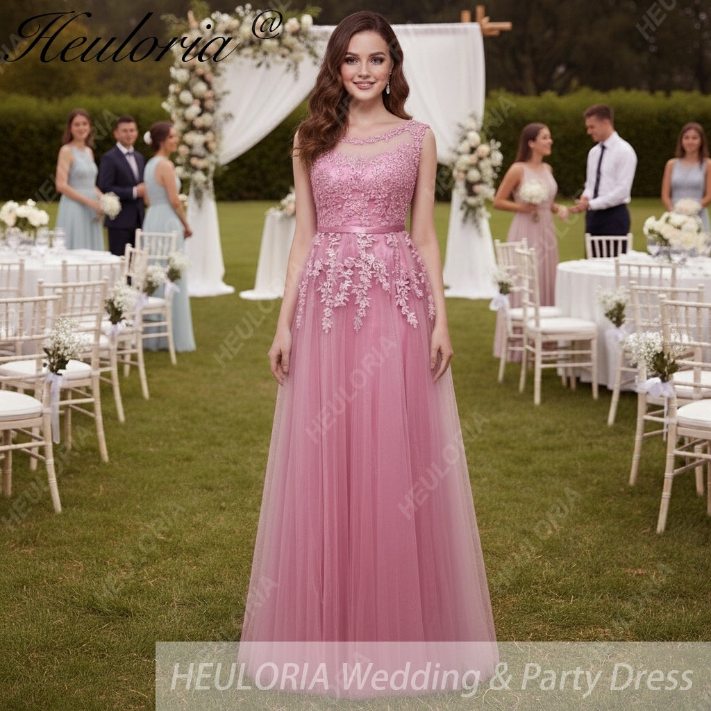 HEULORIA Long Bridemaid dress round neck lace beads tulle party dress formal dress ED-75P