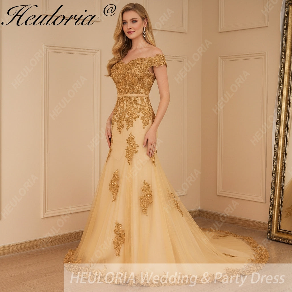 HEULORIA mermaid evening dress off shoulder lace beading wedding party dress long train formal prom dress ME-646