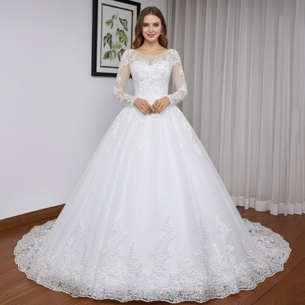 HEULORIA princess wedding dress long sleeve lace applique bride dress lace up Robe De Mariee BA-557