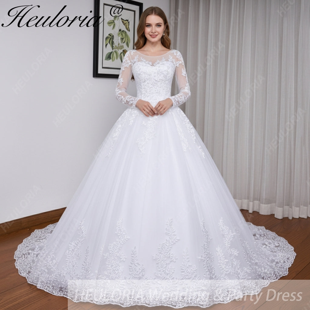 HEULORIA Princess Ball Gown Wedding Dress long sleeve bride dress O neck plus size robe de mariee Lace beading Bridal Gown BA-550