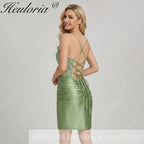 HEULORIA Sage Green Sequin Lace Corset Homecoming Dress - Ruched Satin Spaghetti Strap Mini Gown ED-304