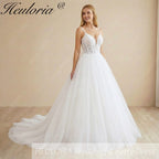 Heuloria Shimmering Starry Tulle Ballgown - Deep V-Neck & Leaf Lace Spaghetti Strap Wedding Dress AL-1095