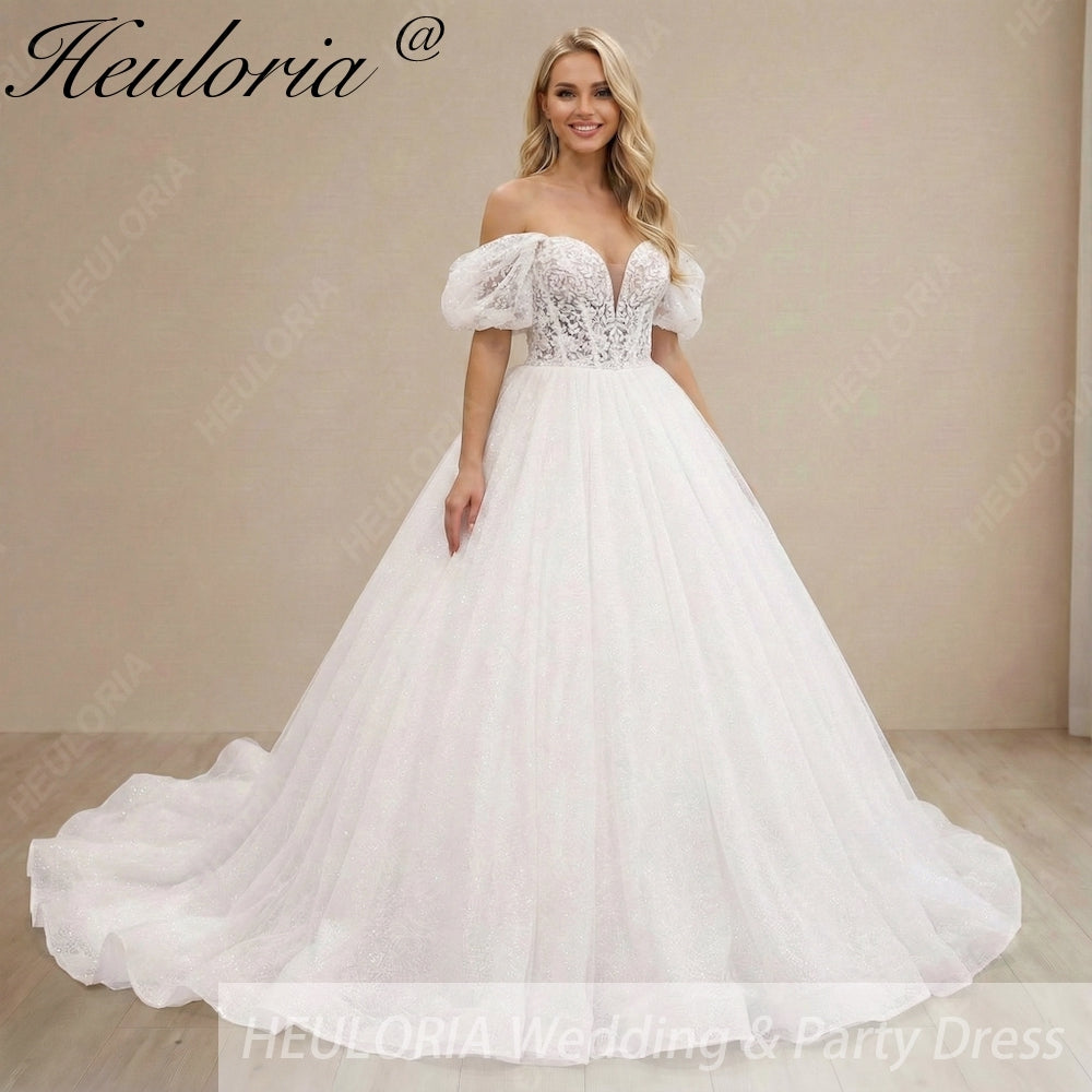 HEULORIA Enchanting Off-the-Shoulder Glitter Tulle Wedding Dress with Dramatic Puff Sleeves & Plunging Sweetheart Neckline BA-1062