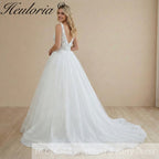HEULORIA V Neck Sleeveless A line Wedding Dress sparky Boho Lace Appliques Tulle Long Bridal Gowns Backless Vestidos de Novia Customized AL-1091