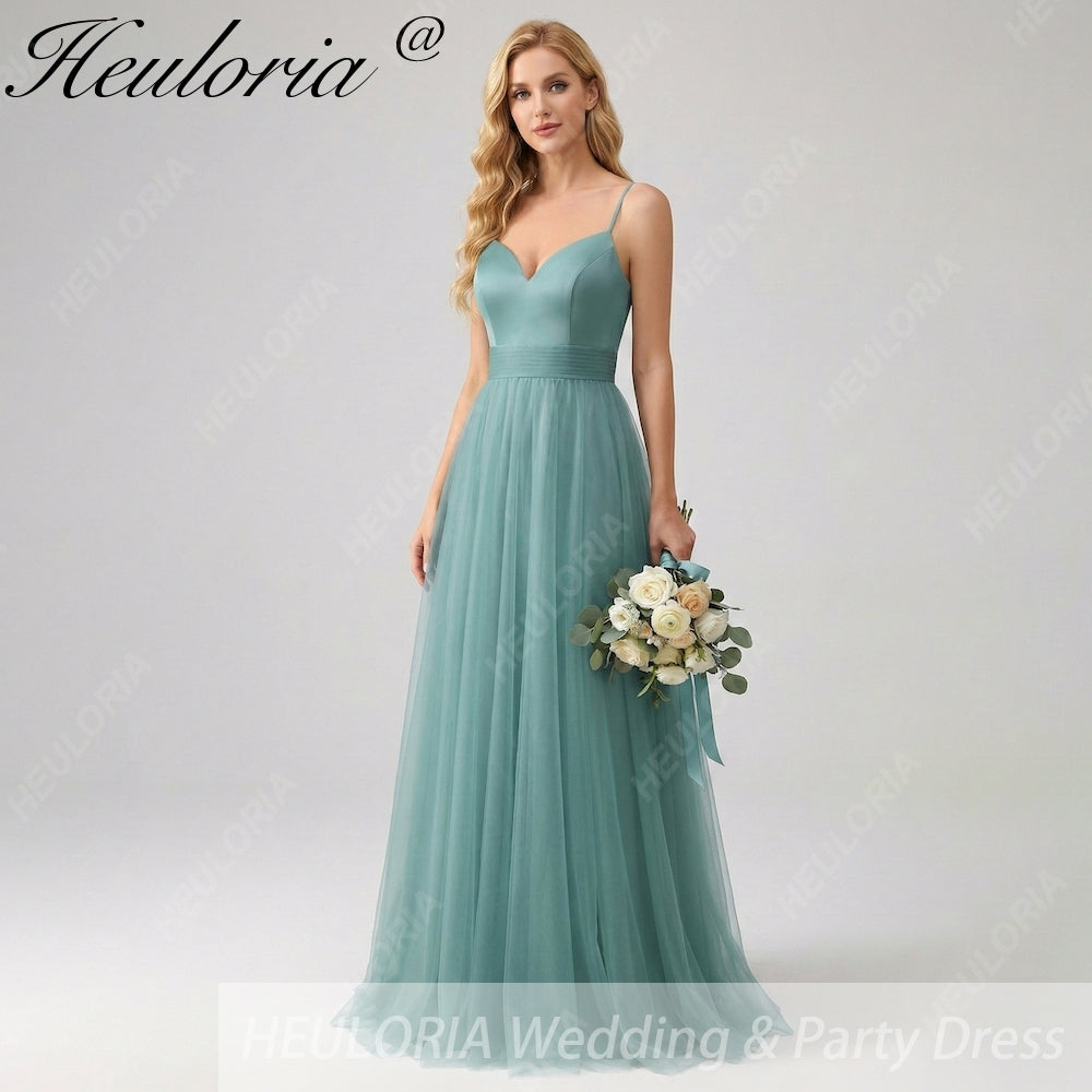 HEULORIA Eucalyptus Green Sweetheart Tulle Bridesmaid Dress with Cutout Back and Spaghetti Straps ED-247
