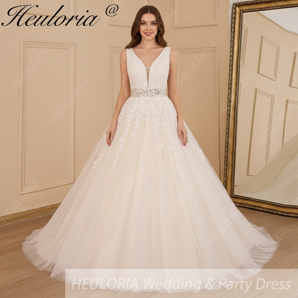 HEULORIA A-line V-Neck Sweep Train Lace Tulle Wedding Dress With Sequins Beading AL-611