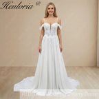 HEULORIA Ethereal Plunging V-Neck Off-the-Shoulder Lace A-Line Wedding Dress with Chapel Train AL-1054