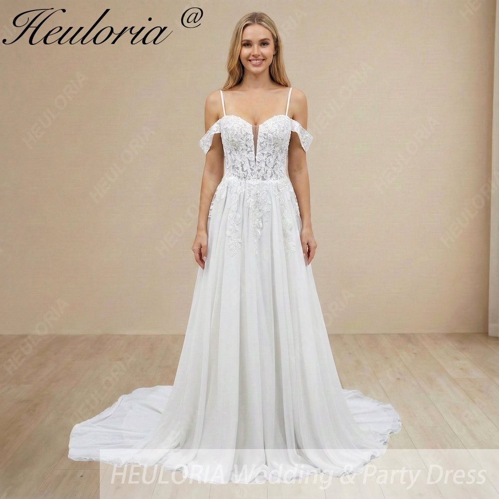 HEULORIA Ethereal Plunging V-Neck Off-the-Shoulder Lace A-Line Wedding Dress with Chapel Train AL-1054