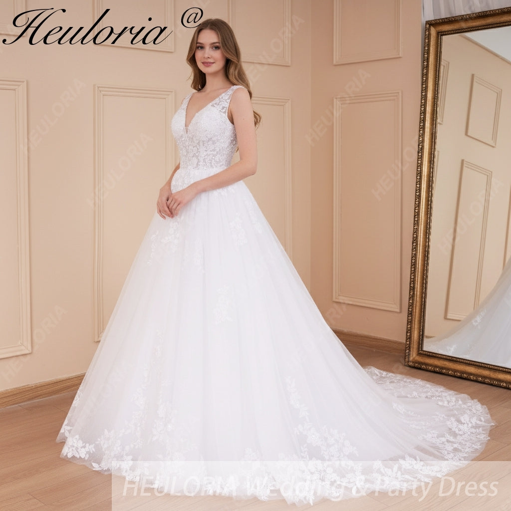 HEULORIA A-line V-Neck Court Train Lace Wedding Dress With Sequins beading AL-560A