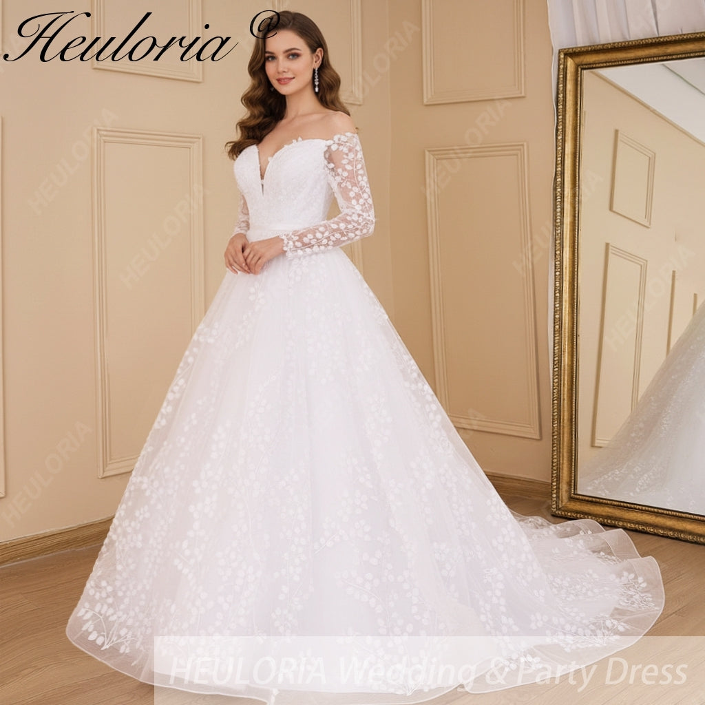 HEULORIA elegant Wedding Dress off shoulder puff sleeve A Line bride dress robe de mariee 3D floral  Bridal Gown BA-637