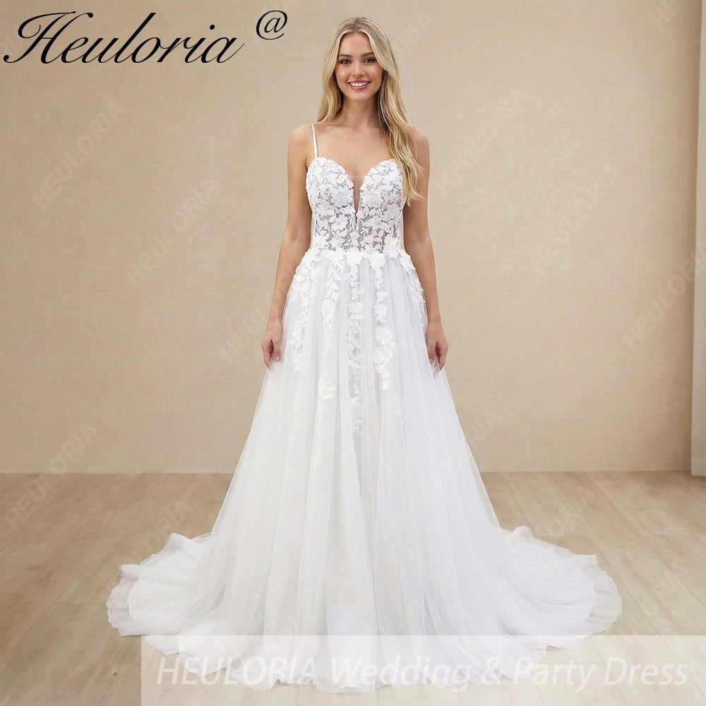 HEULORIA  elegant A line wedding dress Spaghetti Strap lace applique bridal dress Robe De Mariee Wedding Bride Dress AL-999