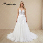 HEULORIA Ethereal A-Line Wedding Dress: Plunging Sweetheart Neckline with Spaghetti Straps and 3D Floral Lace AL-999