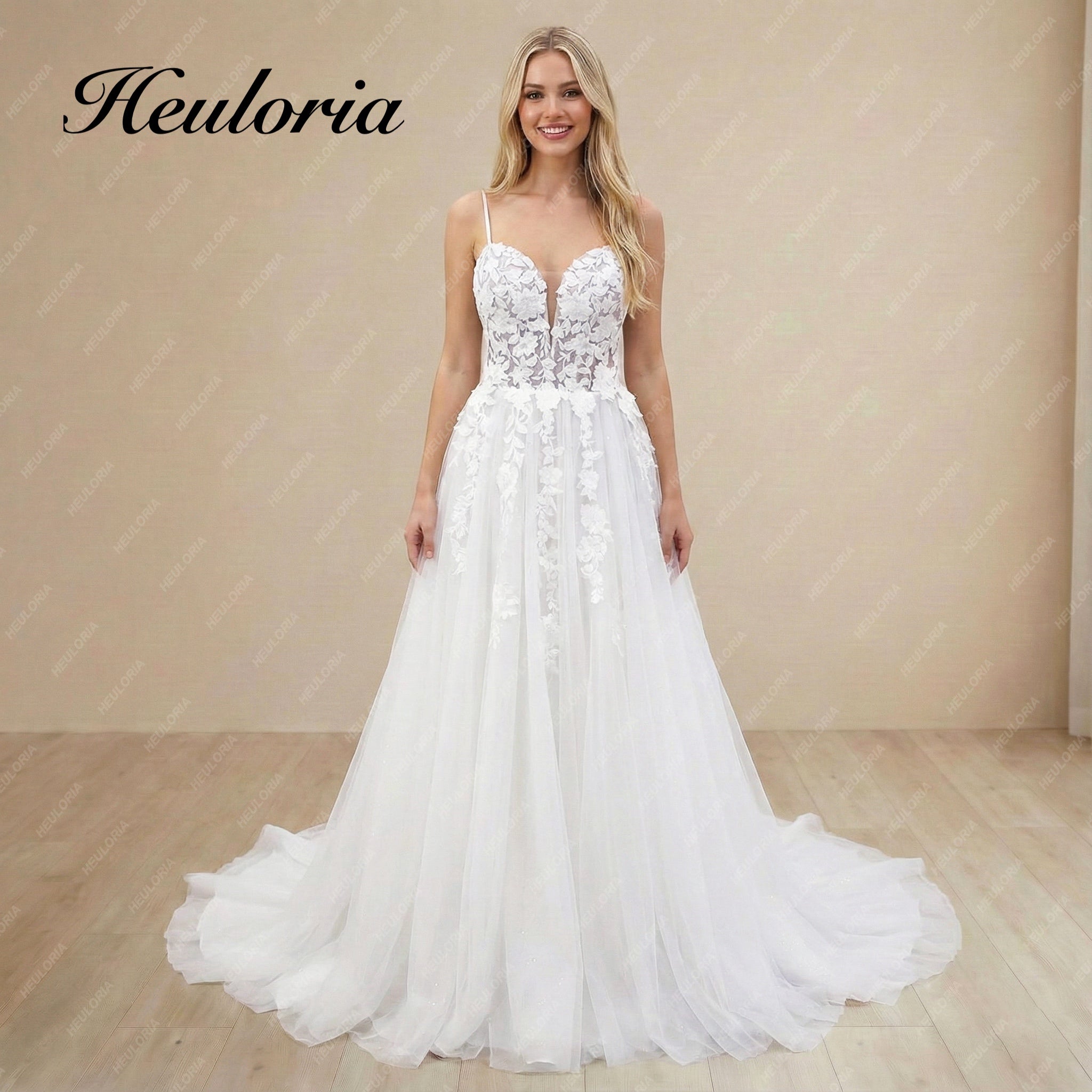 HEULORIA Ethereal A-Line Wedding Dress: Plunging Sweetheart Neckline with Spaghetti Straps and 3D Floral Lace AL-999
