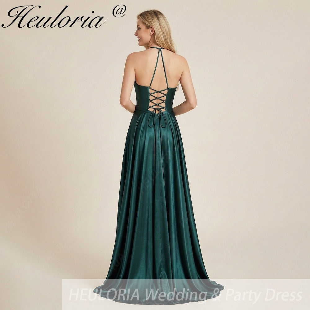 HEULORIA Dark Green Plunging V-Neck Satin Evening Gown with Lace-Up Corset Back ED-334