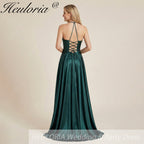 HEULORIA Dark Green Plunging V-Neck Satin Evening Gown with Lace-Up Corset Back ED-334