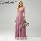 HEULORIA Elegant Cascading Ruffle Chiffon Bridesmaid Dress - Tie-Shoulder V-Neck Maxi Gown ED-252