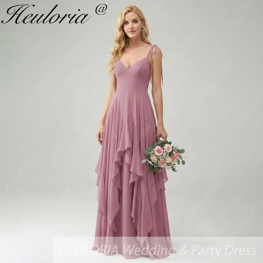 HEULORIA Elegant Cascading Ruffle Chiffon Bridesmaid Dress - Tie-Shoulder V-Neck Maxi Gown ED-252