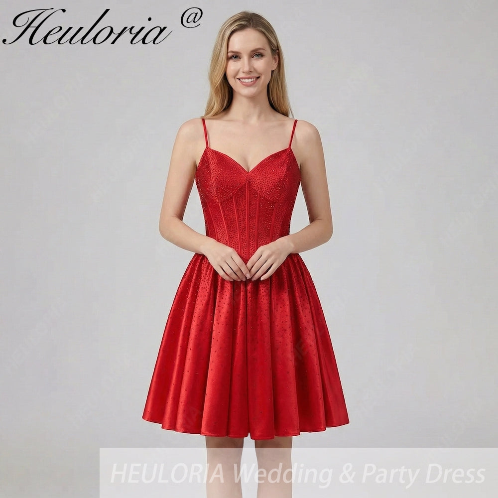 HEULORIA Sparkly Rhinestone Corset Satin Homecoming Dress - Sweetheart Neckline Spaghetti Strap Short Prom Gown ED-310