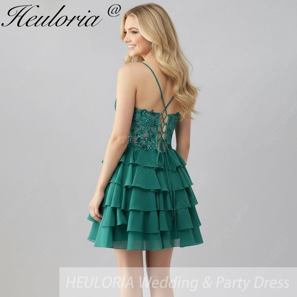 HEULORIA Dark Green Lace Tiered Homecoming Dress - Sequined Bodice with Spaghetti Straps ED-298 Image secondaire du produit