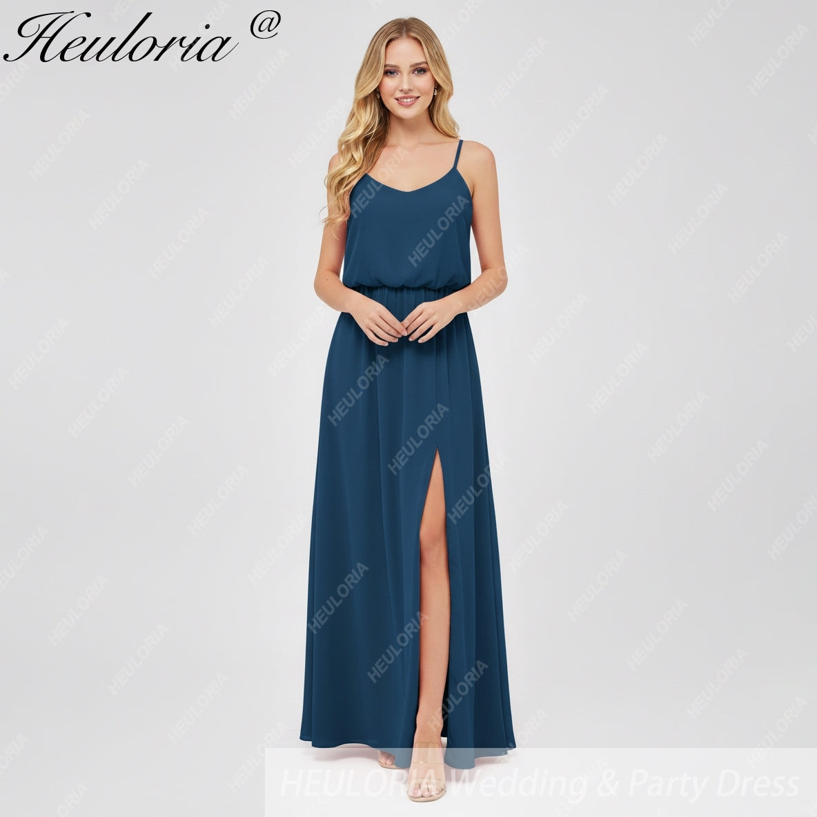 HEULORIA A-Line Chiffon Evening Gown with Delicate Spaghetti Straps & Thigh-High Slit ED-119 Imagen principal del producto