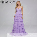 HEULORIA Strapless Sweetheart Lace Bodice Tiered Ruffle Chiffon Prom Gown - Available in Multiple Colors evening dresses ED-235