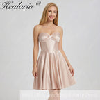 HEULORIA Champagne Satin Strapless Short Prom Dress - Twisted Sweetheart & Corset Back ED-329