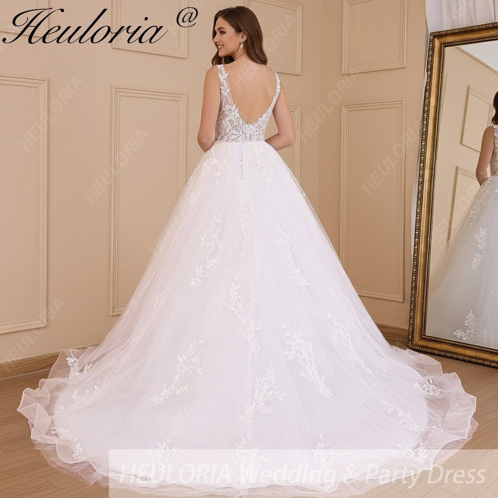 HEULORIA Ball-Gown/Princess V-Neck Cathedral Train Tulle Lace Wedding Dress With Sequins BA-609
