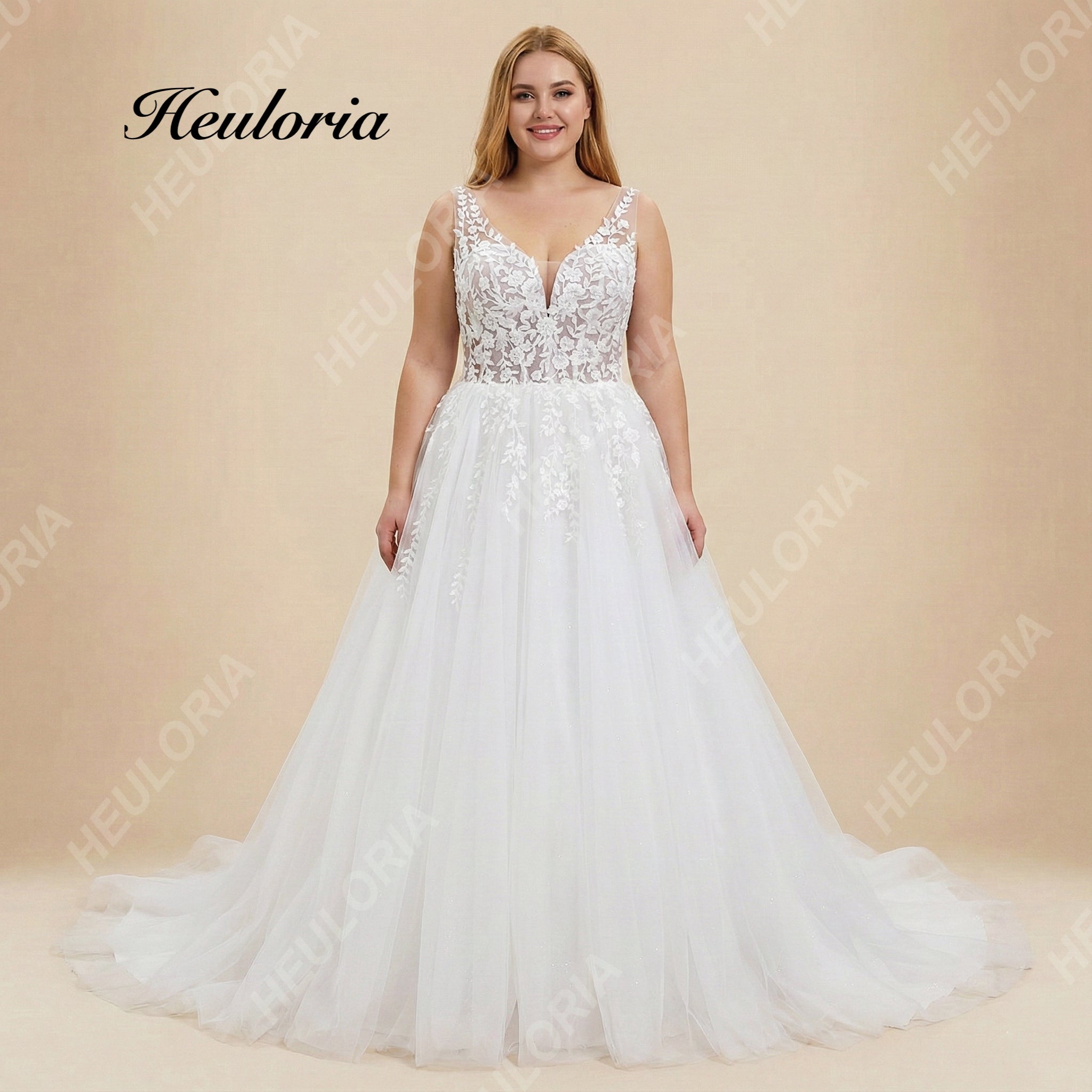 HEULORIA Romantic V-Neck Lace A-Line Wedding Dress with Shimmering Tulle & Vine Appliqués AL-1087plus Image principale du produit