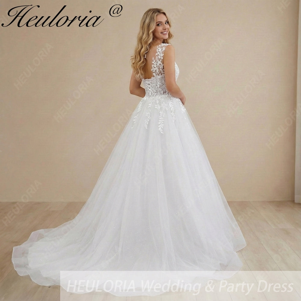 HEULORIA Ethereal Leaf Lace Plunging V-Neck A-Line Wedding Dress with Shimmer Tulle and Corset Back AL-1045