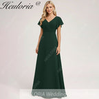 HEULORIA Long Bridemaid dress short sleeve V neck chiffon party dress formal dress ED-133