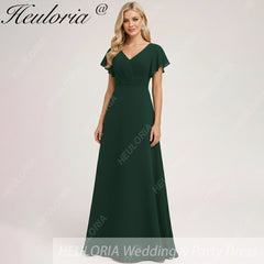 HEULORIA Long Bridemaid dress short sleeve V neck chiffon party dress formal dress ED-133