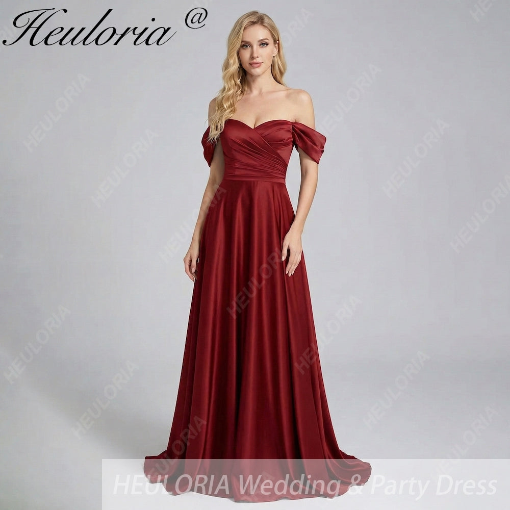 HEULORIA Elegant Off-The-Shoulder Pleated Satin Gown - Sweetheart Neckline A-Line Formal Evening Dress ED-232