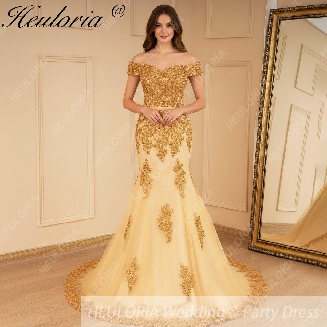 HEULORIA mermaid evening dress off shoulder lace beading wedding party dress long train formal prom dress ME-646 Immagine principale del prodotto