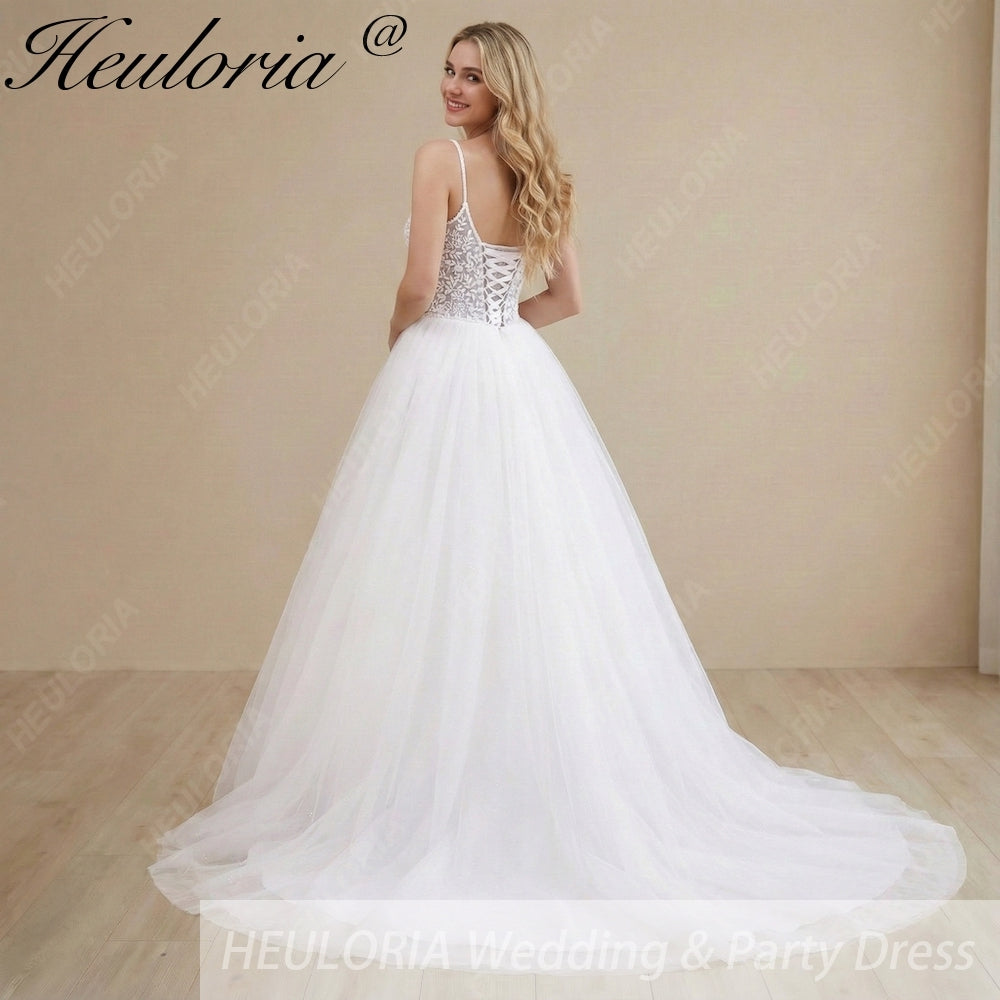 Heuloria Romantic Leafy Lace A-Line Wedding Dress: Plunge V-Neck & Sequined Tulle with Corset Back AL-1031