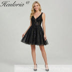 HEULORIA Sparkling V-Neck Sequined Lace Homecoming Dress - Sleeveless A-Line Short Party Gown ED-281