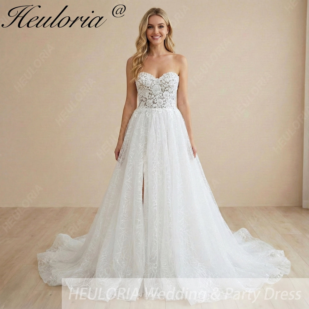 Romantic Sweetheart Strapless A-Line Wedding Dress with Detachable Puff Sleeves & High Slit AL-1008