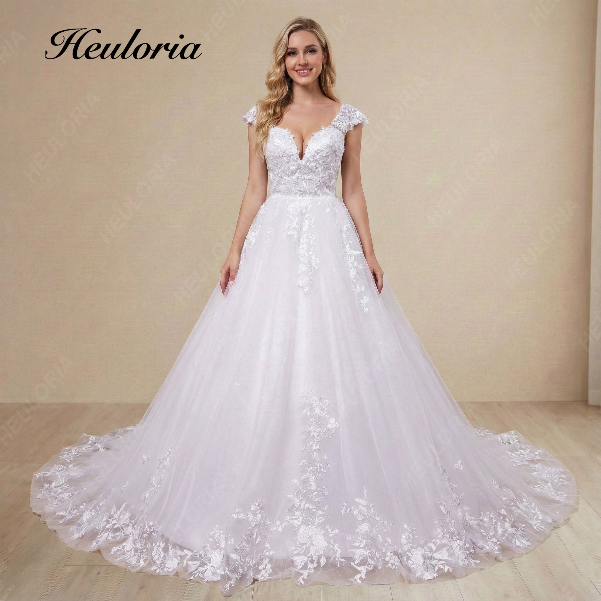 HEULORIA  Elegant V-Neck Lace Cap Sleeve Wedding Dress with Scalloped Floral Train BA-642
