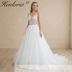 HEULORIA Ethereal Deep V-Neck Leaf Lace A-Line Wedding Dress - Shimmering Sequin Tulle & Corset Back AL-1063