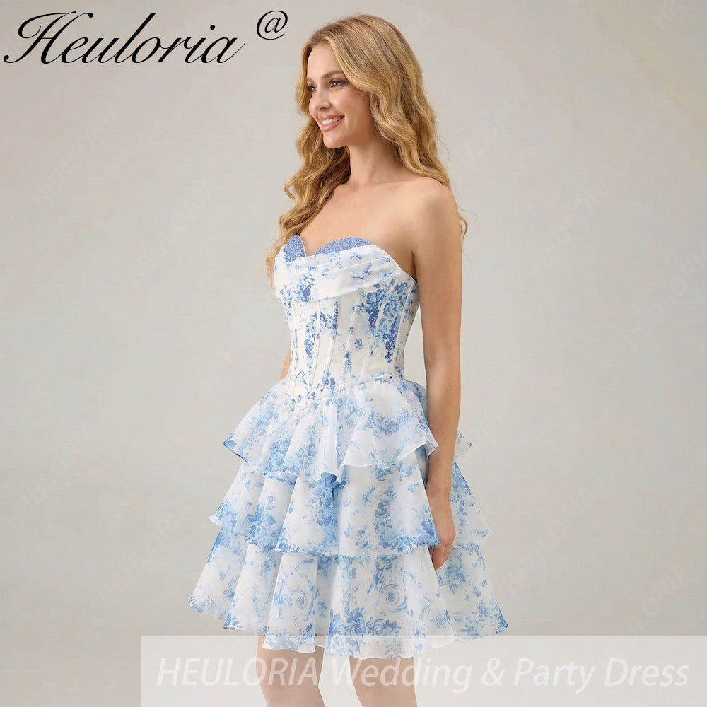 HEULORIA Strapless Sweetheart Floral Corset Mini Dress with Tiered Ruffle Skirt ED-280