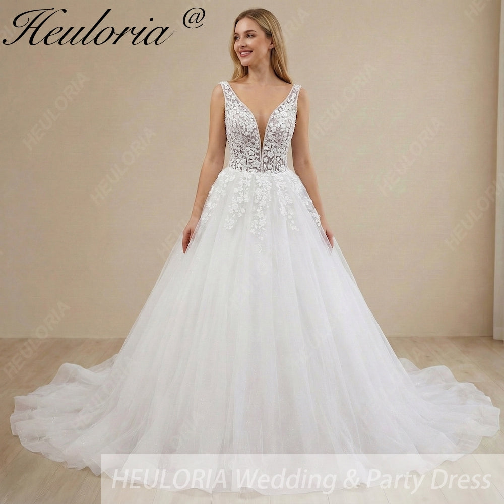 HEULORIA Romantic Deep V-Neck Floral Lace A-Line Wedding Dress with Shimmering Tulle Skirt AL-1041