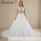HEULORIA Romantic Deep V-Neck Floral Lace A-Line Wedding Dress with Shimmering Tulle Skirt AL-1041