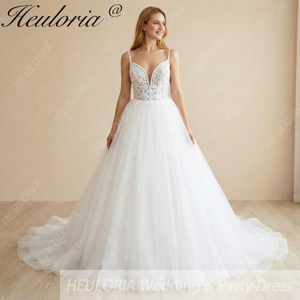 HEULORIA Sparkling Floral Lace A-Line Wedding Dress with Plunging V-Neck and Delicate Spaghetti Straps AL-1064