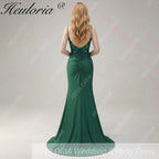 HEULORIA Emerald Green Lace Bodice Mermaid Evening Gown with Spaghetti Straps and Ruched Back formal dresses ED-218