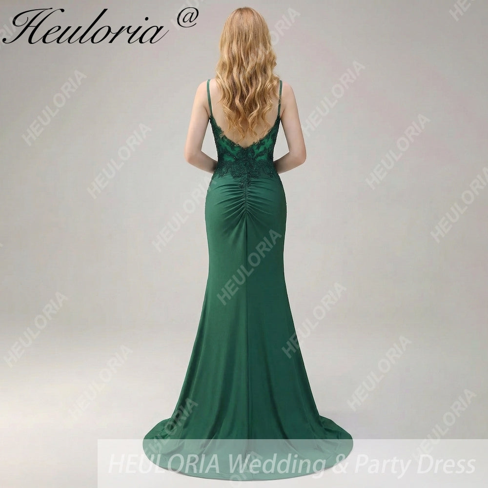 HEULORIA Emerald Green Lace Bodice Mermaid Evening Gown with Spaghetti Straps and Ruched Back formal dresses ED-218