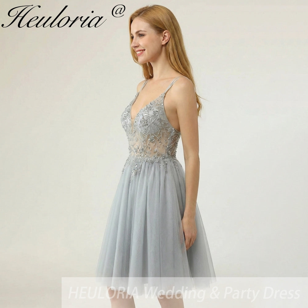HEULORIA Sparkly Silver-Grey Beaded Tulle Short Prom Dress - Illusion Deep V-Neck & Double Spaghetti Straps ED-305