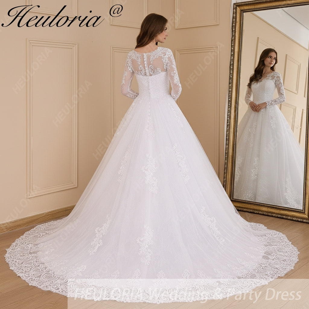 HEULORIA Ball-Gown/Princess V-Neck long sleeve Cathedral Train Tulle Lace Wedding Dress With Sequins BA-636 Immagine secondaria del prodotto